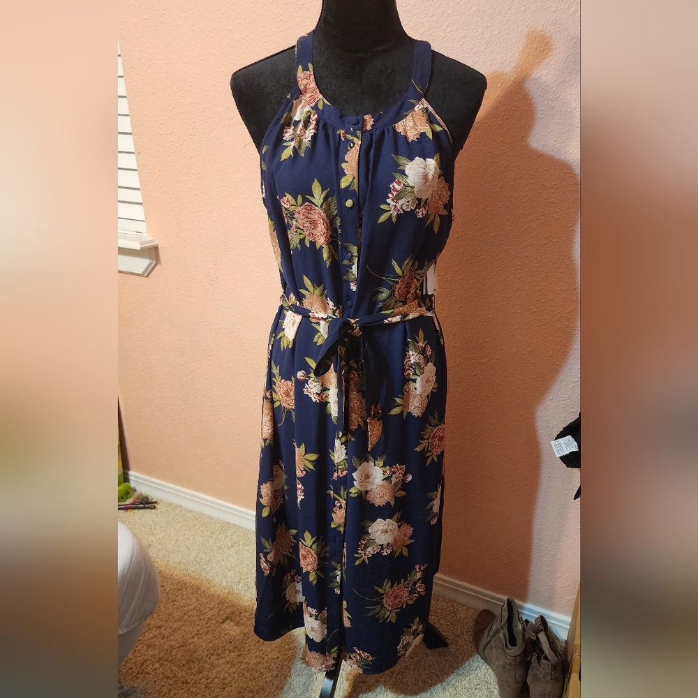 JustFab sleeveless buttondown Navy summer dress with waist tie.